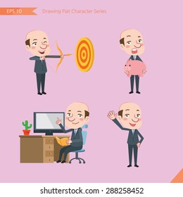 Set of drawing flat character style, business concep bald boss activities - hit, piggy bank, Consulting, farewell