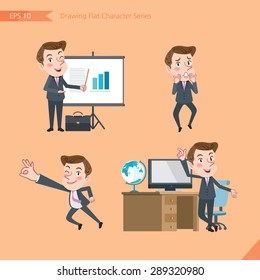 Set of drawing flat character style, business concept young office worker activities - presentation, Surprised, ok sign, troubleshooter 