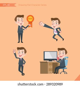 Set of drawing flat character style, business concept young office worker activities - victory award, flying, good, calling 