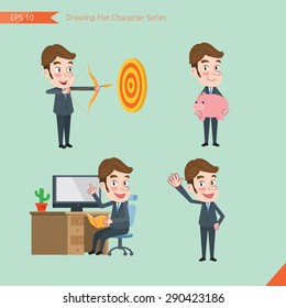 Set of drawing flat character style, business concept young office worker activities - hit, piggy bank, Consulting, farewell 