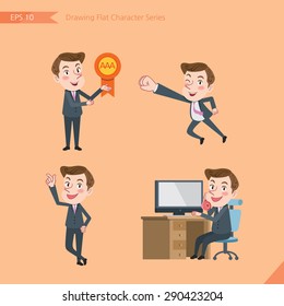 Set of drawing flat character style, business concept young office worker activities - victory award, flying, good, calling 