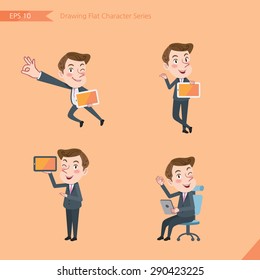 Set of drawing flat character style, business concept young office worker activities - tablet device, flying, explain, counsel 