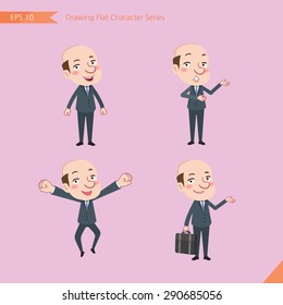 Set of drawing flat character style, business concept bald boss activities - businessman, research, office worker, counsel, growth, jump up 