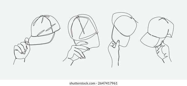 Set of drawing of hands holding baseball cap in continuous one line drawing style. Casual fashion, headwear accessories concept. Editable line. Vector illustration