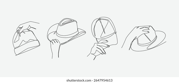 Conjunto de desenho de mãos segurando chapéu de gorro, chapéu de cowboy, boné de beisebol e fedora em estilo de desenho contínuo de uma linha. Vestuário, chapelaria, conceito de moda. Linha editável. Ilustração vetorial