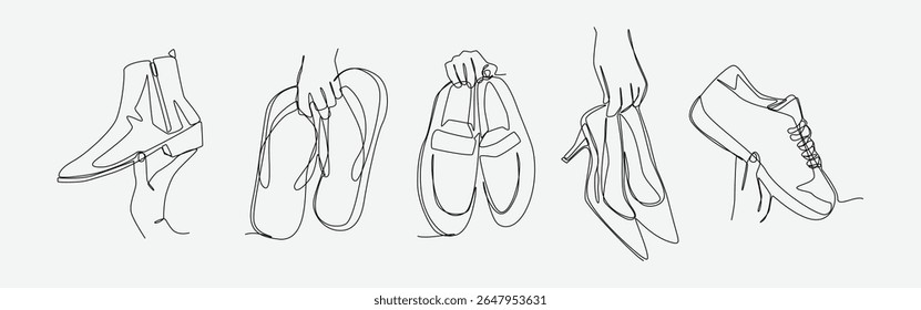 Conjunto de desenho de mãos segurando botas, chinelos, loafers, saltos altos e tênis em estilo de desenho contínuo de uma linha. Vestuário, conceito de headwear. Linha editável. Ilustração vetorial
