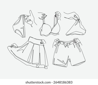 Conjunto de desenho de mãos segurando sutiã, breve, corda g, saia e calça curta em estilo de desenho contínuo de uma linha. Vestuário, conceito de roupa interior. Linha editável. Ilustração vetorial