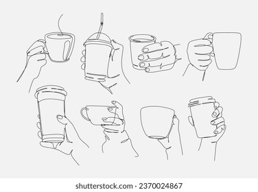 set of drawing of hands holding coffee in continuous one line drawing style. drink in a cup, mug, paper cup, plastic cup. graphic vector illustration.