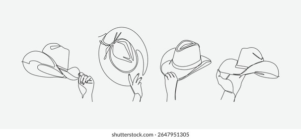 Set of drawing of hands holding cowboy hat in continuous one line drawing style. Western, wild west, fashion concept. Editable line. Vector illustration
