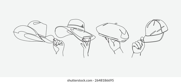 Set of drawing of hands holding cowboy hat, straw hat, beret, and baseball cap in continuous one line drawing style. Clothing, headwear, fashion concept. Editable line. Vector illustration
