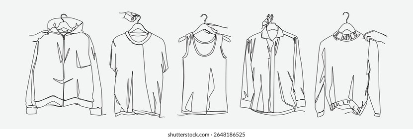 Set of drawing of hands holding hoodie, t shirt, tank top, jacket, and sweater in continuous one line drawing style. Clothing, fashion, top concept. Editable line. Vector illustration