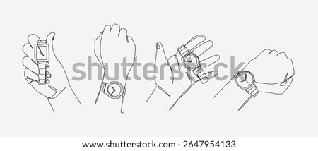 Set of drawing of hands holding and interacting with wrist watch in continuous one line drawing style. Editable line. Vector illustration