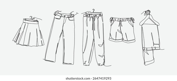 Conjunto de desenho de mãos segurando saias, jeans, calças, calções e calças de jogger em estilo de desenho contínuo de uma linha. Vestuário, conceito de fundo de moda. Linha editável. Ilustração vetorial