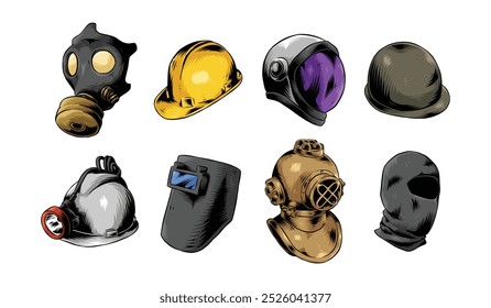 Definir desenho de capacete e máscara. Isolado no fundo branco. Gravando ilustração de vetor colorido desenhado à mão.
