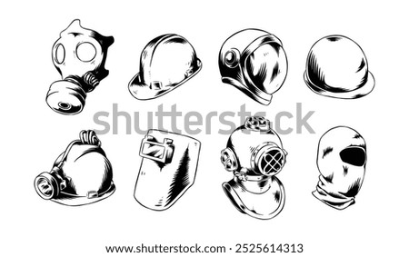 Set drawing of helmet and mask. Isolated on white background. Engraving hand drawn vector illustration.