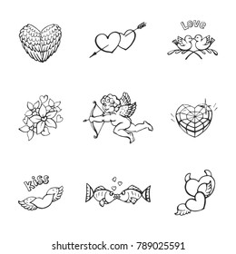 Set drawing icons of graphics for Valentine's Day, love theme,