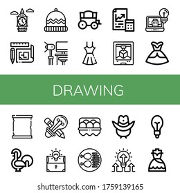 Set of drawing icons. Such as Big ben, Blueprint, Winter hat, Studio, Carriage, Dress, Maths, d printing, Architecture, Paper scroll, Rooster, Creative design , drawing icons