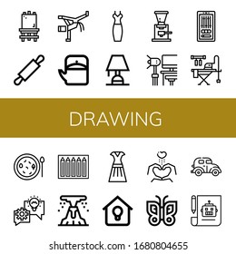 Conjunto de iconos de dibujo. Tales como tela, rodillo, capoeira, tetera, vestir, alumbrado, triturador de café, estudio, edición, plancha, sopa, bombilla, lápices de colores , iconos de dibujo