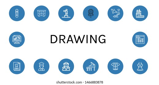 Set of drawing icons such as Cracker, Chest, Statue, Dreamcatcher, Gramophone, Pencil case, Dental record, Cooker, Jesus, Grand piano, Dress, Statistics, Bar graph , drawing