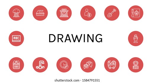 Set of drawing icons. Such as Jellyfish, Brush, Museum, Creative, Shovel, Plan, Chicken leg, Faucet, Pencil, Lightbulb, Mine cart, Punk, Blackboard, Relax , drawing icons