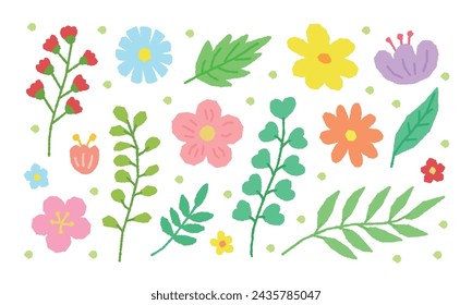 A set of drawing illustrations with a colorful spring season concept, including flowers, nature, gardens, cherry blossoms, daisies, plants, and leaves.