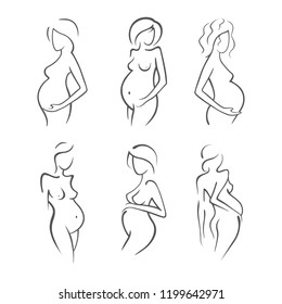 Set Drawing linear beautiful pregnant girl. Gynecological medicine stock illustration. Silhouettes of women Graphic vector icon