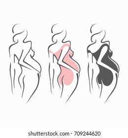 Set of drawing linear beautiful pregnant girl in dark, pink, clothes, nude figure. Birth of a child. Vector graphic illustration, draw silhouettes for design