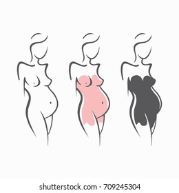 Set of drawing linear beautiful pregnant girl in dark, pink, clothes, nude figure. Birth of a child. Vector graphic illustration, draw silhouettes for design
