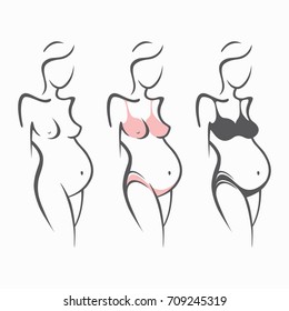 Set of drawing linear beautiful pregnant girl in dark, pink, clothes, nude figure. Birth of a child. Vector graphic illustration, draw silhouettes for design