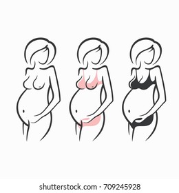 Set of drawing linear beautiful pregnant girl in dark, pink, clothes, nude figure. Birth of a child. Vector graphic illustration, draw silhouettes for design