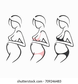 Set of drawing linear beautiful pregnant girl in dark, pink, clothes, nude figure. Birth of a child. Vector graphic illustration, draw silhouettes for design
