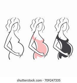 Set of drawing linear beautiful pregnant girl in dark, pink, clothes, nude figure. Birth of a child. Vector graphic illustration, draw silhouettes for design