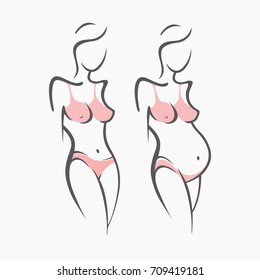 Set of drawing linear beautiful pregnant girl in dark, pink, clothes, nude figure. Birth of a child. Vector graphic illustration, draw silhouettes for design