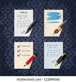 set of drawing and painting tools and blank note paper