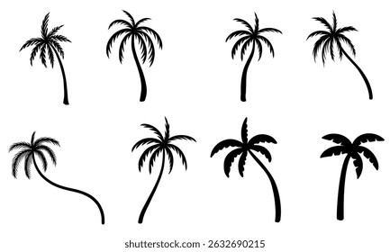 Set of drawing palm and coconut tree silhouette illustrations in black colour isolated on white. Tropical, paradise, summer template design concept for print, sticker, clip art, element collection