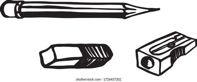 set drawing pecil and eraser and sharpener. sketch hand drawn.