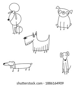 Set of drawing pets in linear style. Dog breeds. Vector illustration for kids, veterinary, peta.