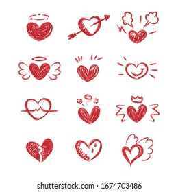 Set of drawing red hearts. Collection cartoon hearts shape character different style. Hearts doodle. Heart feelings. Vector illustration.