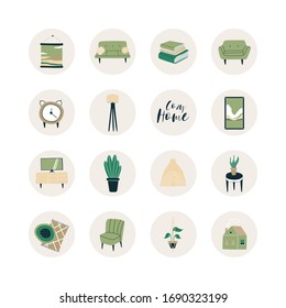 A set of drawing room items.  Highlights. A good template for a website, postcards, posters, stickers, bloggers, invitations. Round stickers with furniture and flowers. Vector illustration