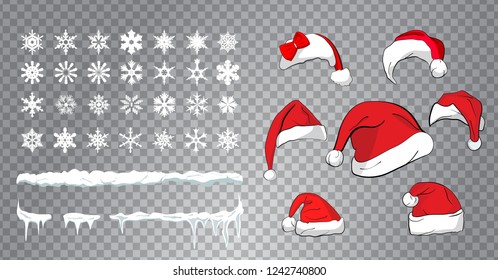 set drawing of snow, hanging icicles and snowflakes with set of 7 red caps with white pom-poms. Set of red Santa Claus hats. Big christmas set isolated. 