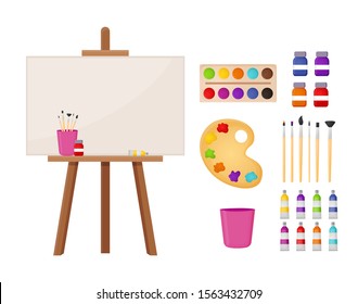 Set of drawing tools. Art supplies. Palette, brushes, easel, album and paper, wet colors, paints. Cartoon style vector images
