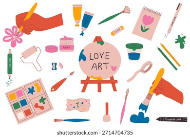 Set of drawing tools. Art supplies easel, canvas, watercolor, brushes, sketch book, pencils, tubes of paint. Equipment for artists, stationery for drawing. Hand drawn vector illustration, isolated on white background, flat style
