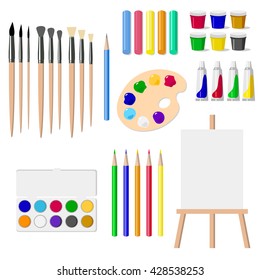 A set of drawing tools: an easel, paints, brushes, pencils, crayons, isolated objects on white background vector illustration. Painter tools isolated on white. Art objects icons. 