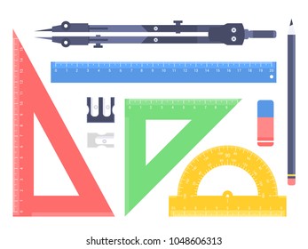 Set of drawing tools. Rulers, protractor and compasses isolated on white. Vector illustration