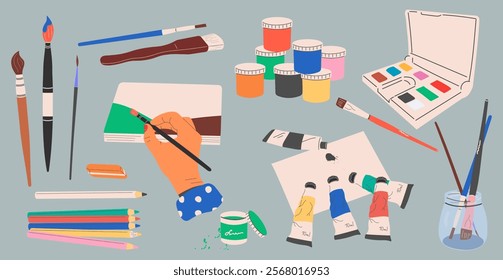 A set of drawing tools: watercolor paints, jars of acrylic paints, colored pencils, brushes, a jar of water, a sketchbook hand, an eraser. An art set for creativity. Flat vector illustration.