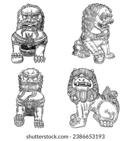 Set of drawing of traditional Chinese lions on a white background. Oriental Asian lion temple guard. Traditional ancient stone statue lion guardian. Lions are traditionally carved from stone. Vector.