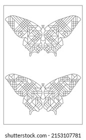 Conjunto de dibujos de dos mariposas increíbles con motivos abstractos de arte a cuadros. Páginas de color para la desintoxicación digital. Blanco y negro. Anti estrés. 