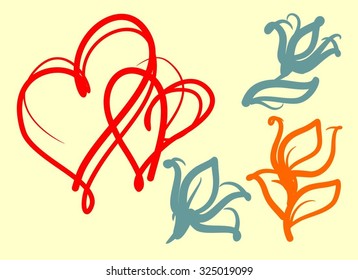  Set drawing vector graphics with floral patterns   for design. Floral flower natural design. Graphic, sketch drawing. Rose, tulip, bouquet, wedding, leaves, composition, florist.