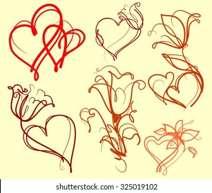 Set drawing vector graphics with floral patterns for design. Floral flower natural design. Graphic, sketch drawing. Rose, tulip, bouquet, wedding, leaves, composition, florist.