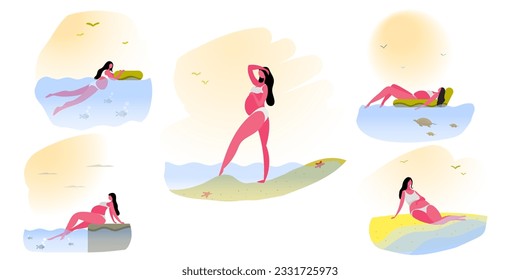 a set of drawings about the life of a pregnant young mother on vacation.